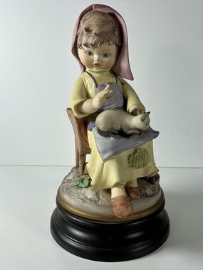 Antique Capodimonte Italy Porcelain Girl Sitting On Chair With Cat Signed Sz 12”